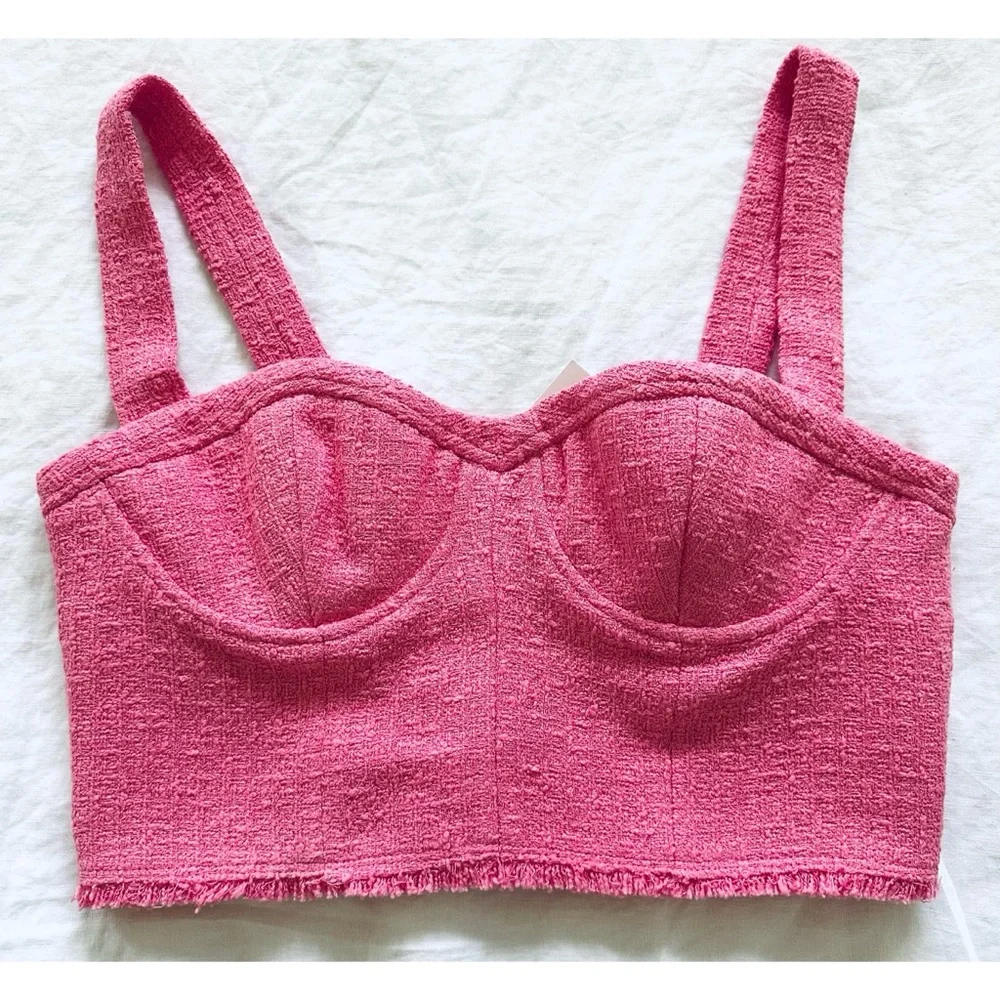 Zara Pink Textured Tweed Cropped Bustier Top BNWT